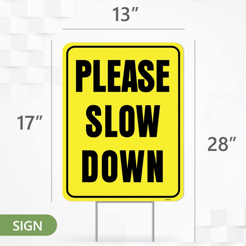 Venicor 2PC Please Slow Down Signs with Stake, 13"x17" - Double Sided Signs - Corrugated Plastic - Kids Children At Play Safety Sign for Street - Image 2